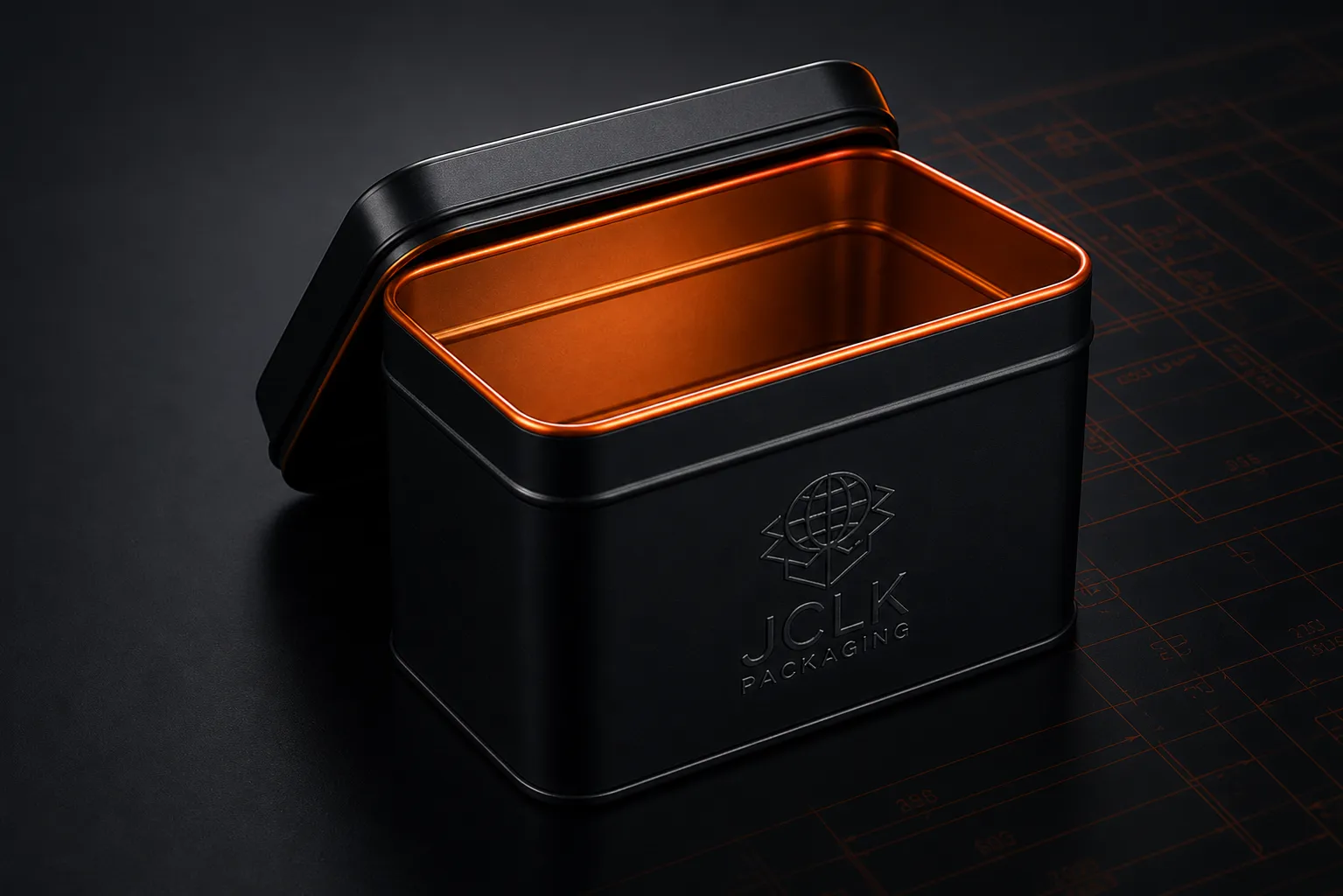 Boîte métal rectangulaire ouverte révélant un intérieur orange — packaging premium sur mesure