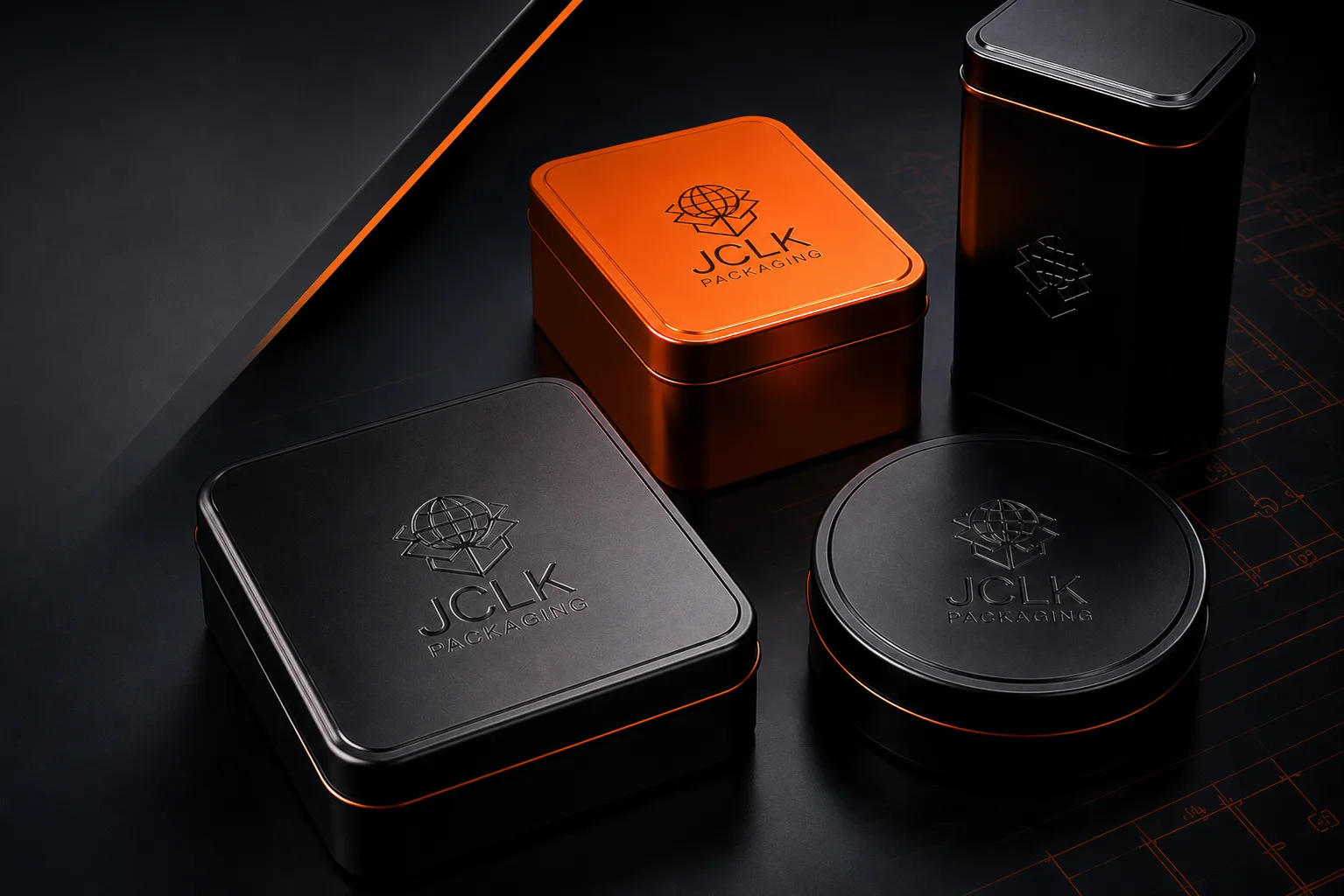 Collection de boîtes métal premium JCLK Packaging — finitions noir mat et orange